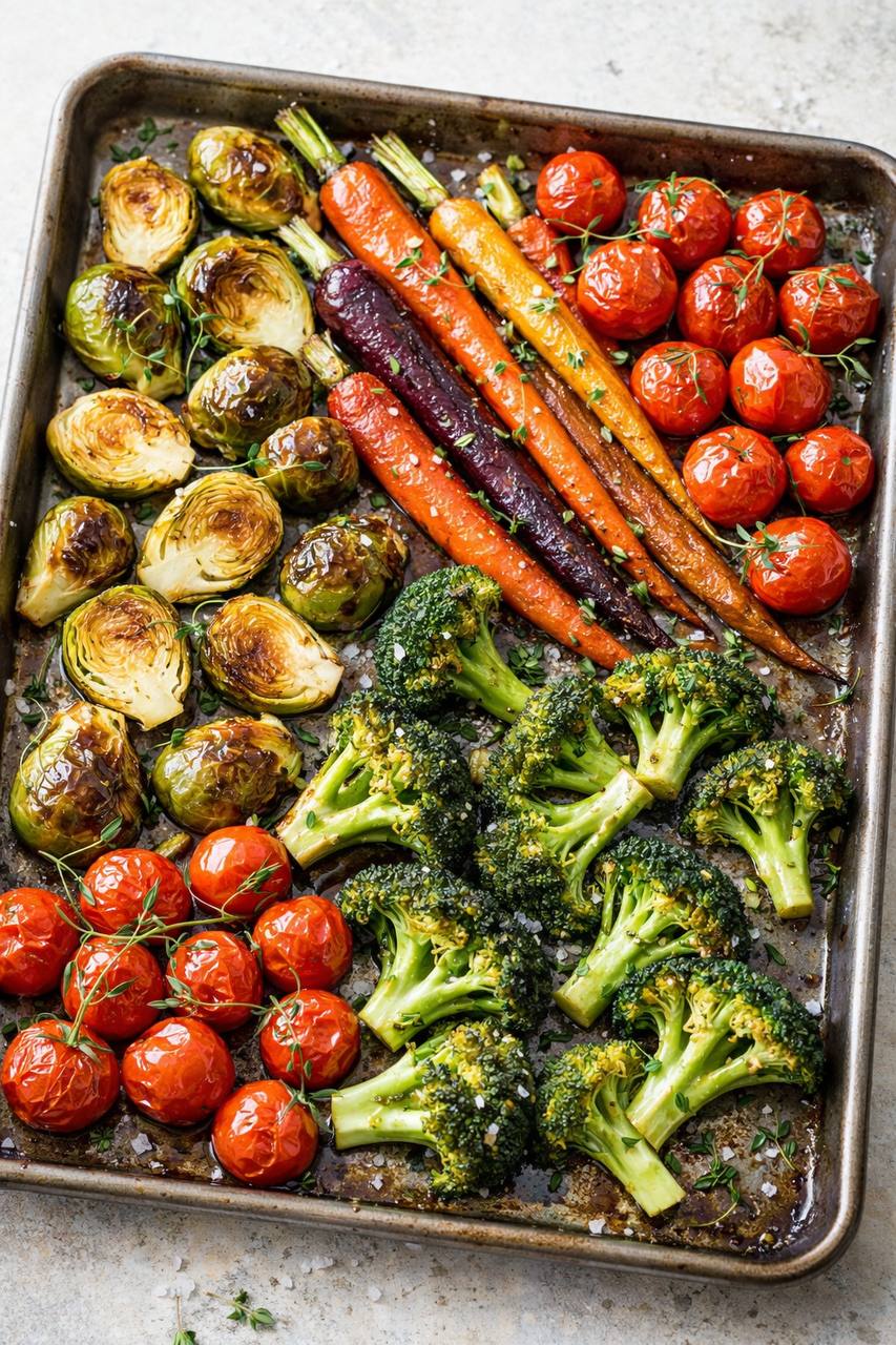 Colorful roasted vegetables on a sheet pan — Brussels sprouts, carrots, cherry tomatoes, broccoli with fresh thyme and sea salt