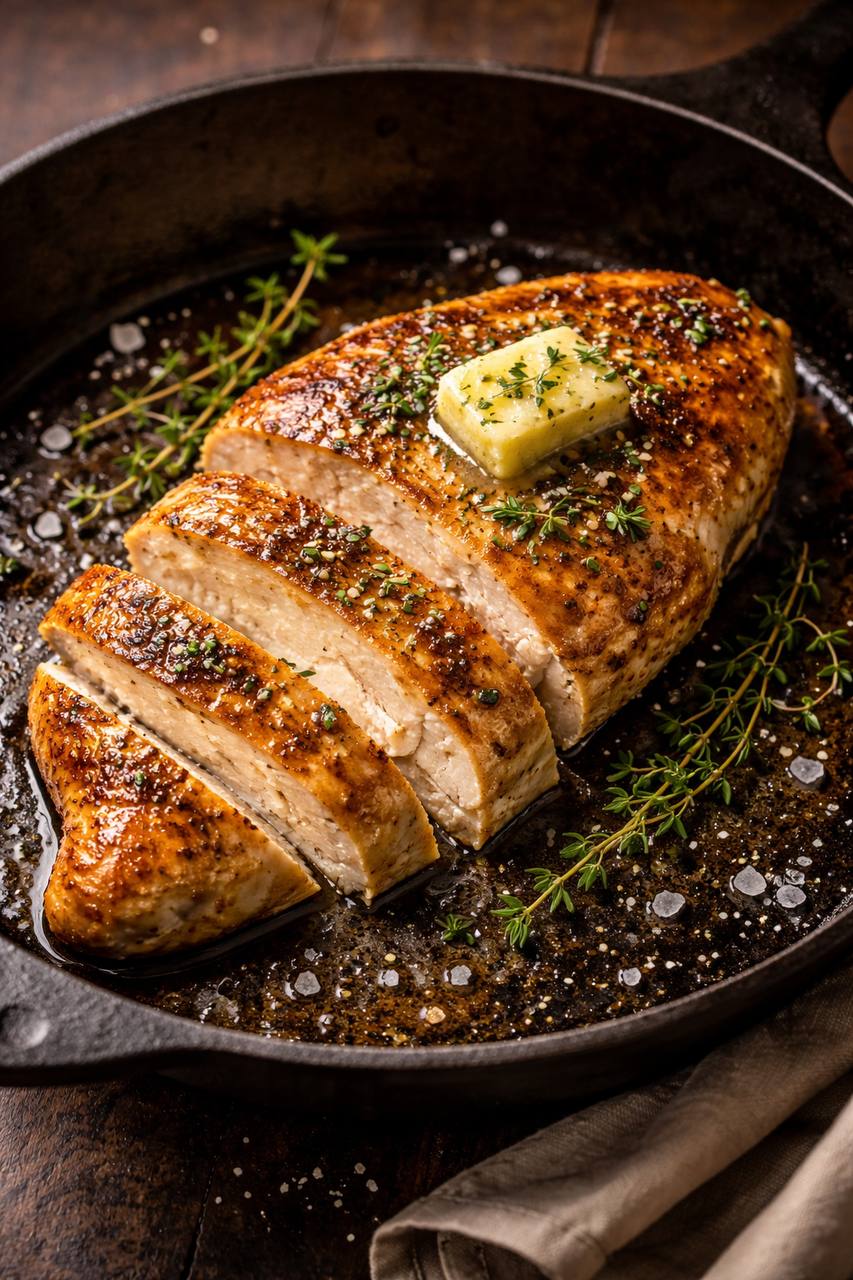 Perfectly seared juicy chicken breast sliced in cast iron skillet with butter and thyme — Chef No Chef