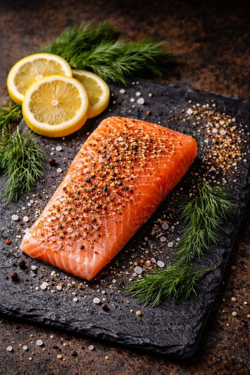 Raw salmon fillet seasoned with spices on a dark slate board with lemon and dill — Chef No Chef