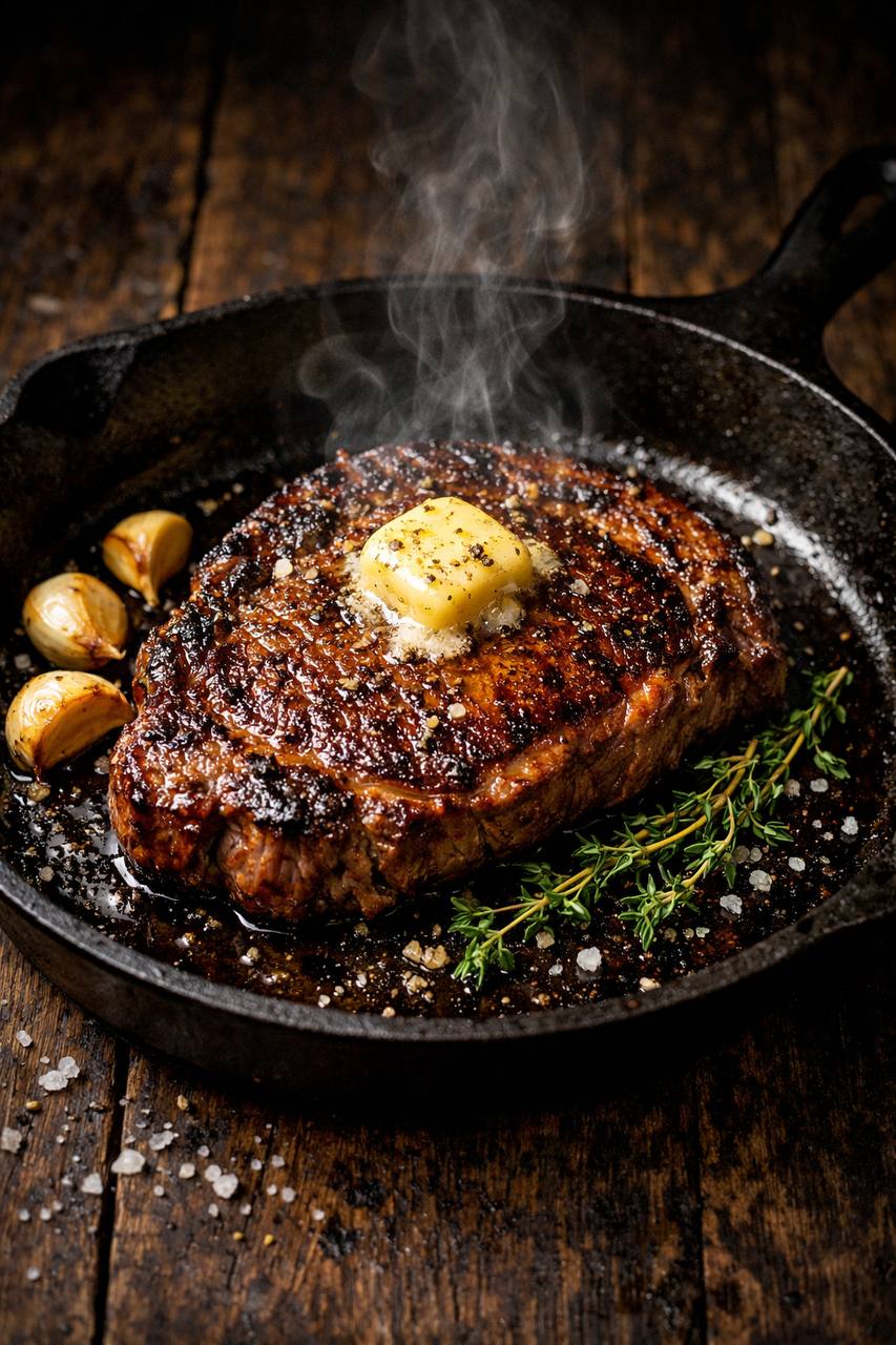 Perfectly seared steak on cast iron skillet with garlic and herbs