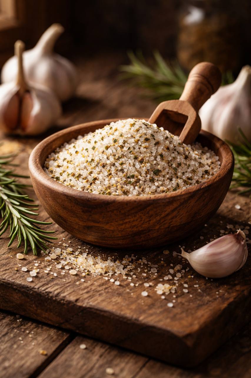 Garlic salt in a wooden bowl with fresh rosemary and garlic bulbs — Chef No Chef