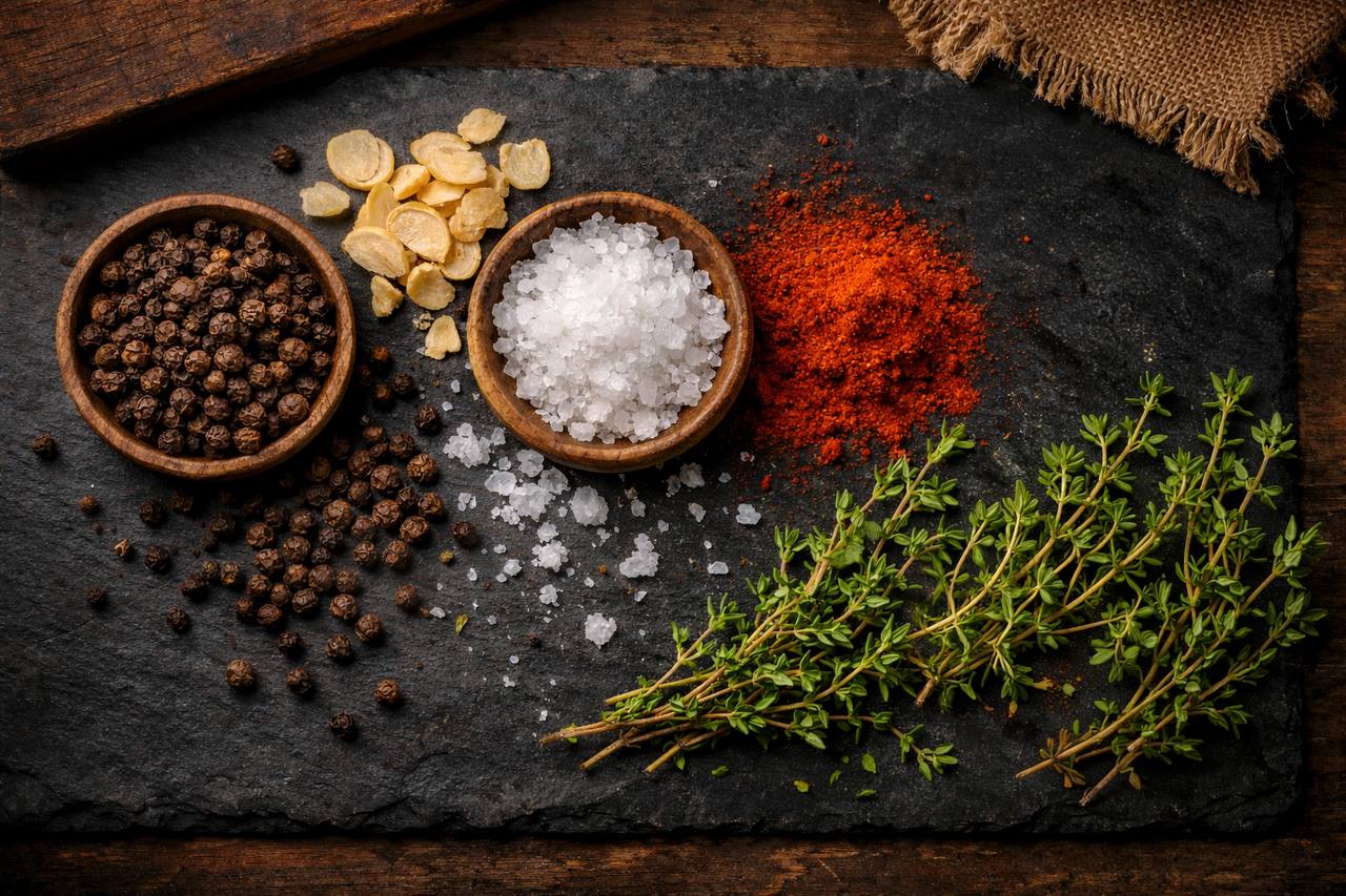 Natural spice ingredients flat lay — black peppercorns, sea salt, paprika, garlic and fresh thyme on dark slate